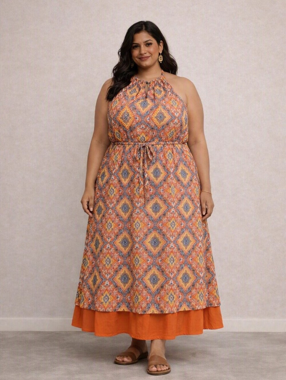 Dip Boho Paisley Halter Maxi Dress Size 2X Rust Orange Blue Geometric Boho